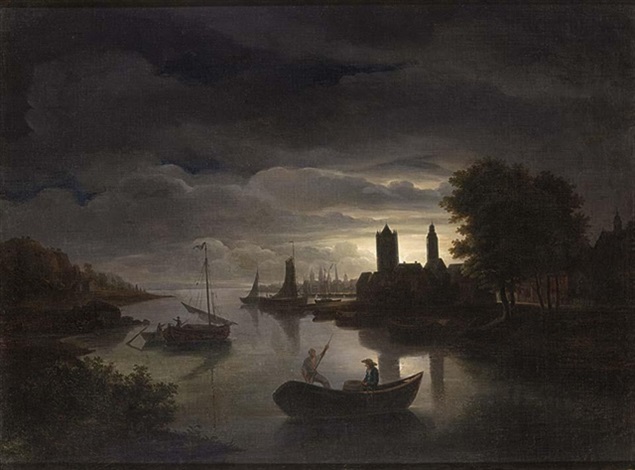 A moonlit river landscape by Jacobus Theodorus Abels on