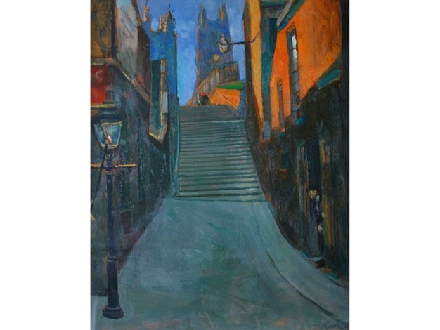 Stockport parish church showing a lamplighter by Harold Riley on artnet