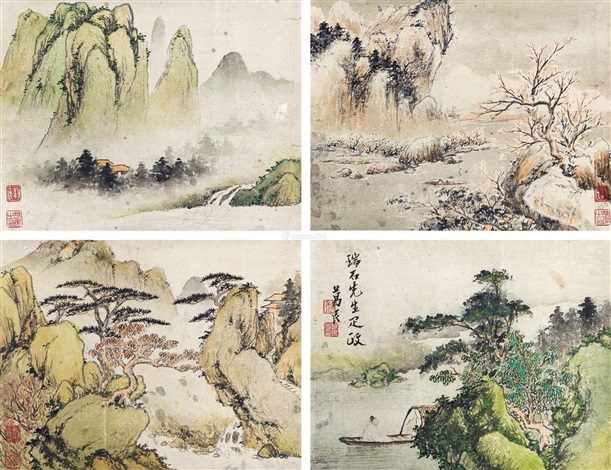 山水斗方（四幅） 镜心设色纸本by Li Geming on artnet