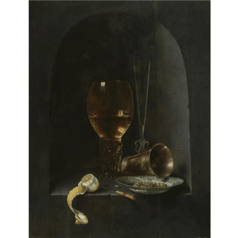 Still life with a roemer, a fluted wine-glass, a silver goblet, a blue ...