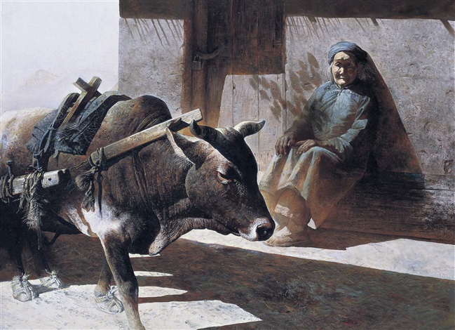 牛和老人布面油画by Luo Zhongli on artnet