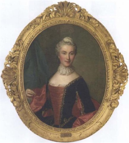 Portrait of a lady in a gold-embroidered black and red dress, before a