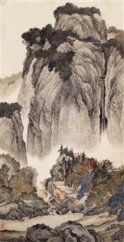 中国 古玩 掛軸 詳細不明 絹本 松 春秋山水 # 肉筆 中華 - 書