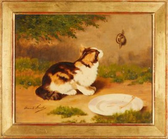 Neugierige Katze mit Schnecke und Milchschüssel by Alfred Arthur Brunel ...
