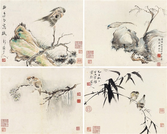 花鸟册页（四开） 纸本设色album of 4 by Hua Yan on artnet