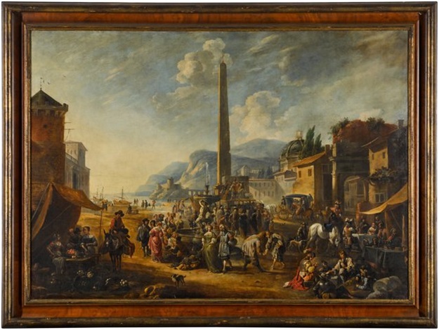 An Italianate classical landscape with figures gathered around a