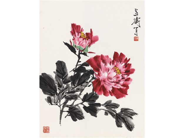 王雪濤牡丹設色紙本鏡片by Wang Xuetao on artnet