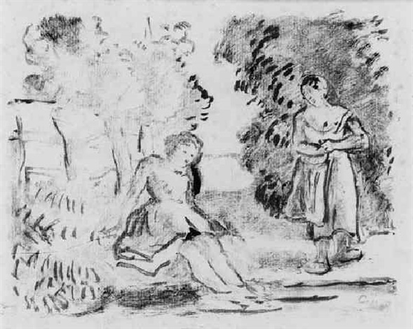 Two peasant women by a stream by Camille Pissarro on artnet