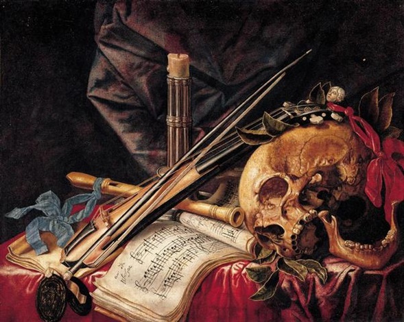 A vanitas still life with a viol, a clarinet, a skull, sheet music