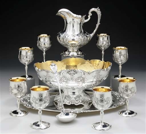A Silver Punch Bowl Ladle Tray Water Pitcher And Goblets By Reed A Silver Punch Bowl Ladle Tray Water Pitcher And Goblets By Reed