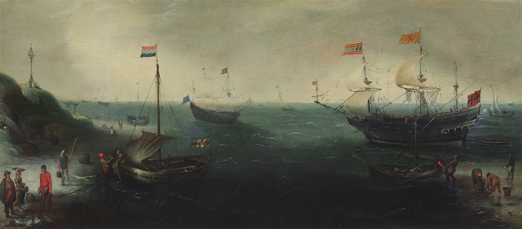 A coastline with ships and figures on the shore by Cornelis Claesz van