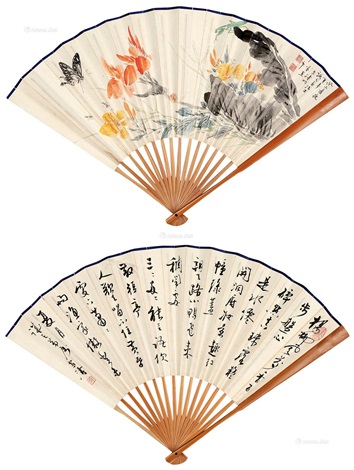 水墨画　蝶戀花 蝶恋花书法成扇设色纸本recto-verso by Wang Xuetao on artnet