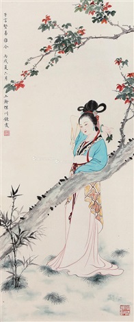 掛軸 仕女圖 仕女挂轴设色纸本by Zhou Lianxia on artnet