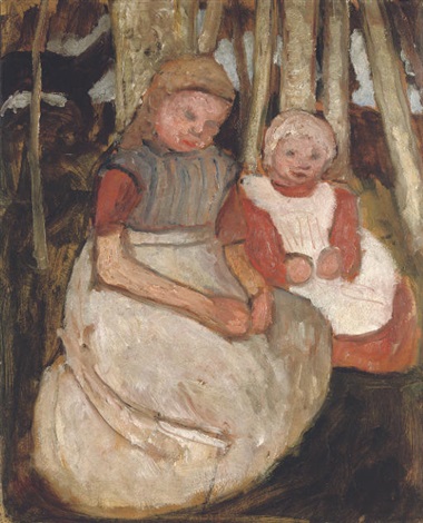 Zwei sitzende mädchen vor birkenstämmen by Paula Modersohn