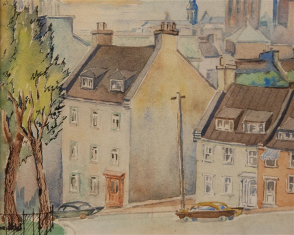HENRY DUQUET TOWNSCAPE WATERCOLOR ON PAPER on