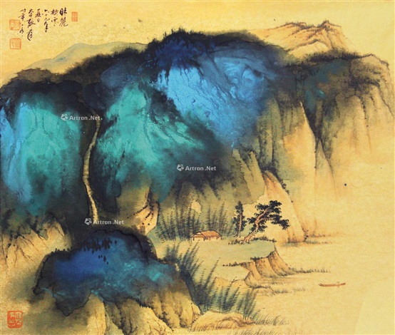 金碧山水卡纸设色金笺by Zhang Daqian on artnet