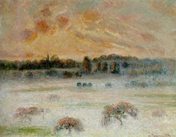 激安通販新作 avec couchant Soleil brouillard, Pissarro Camille by Eragny 絵画