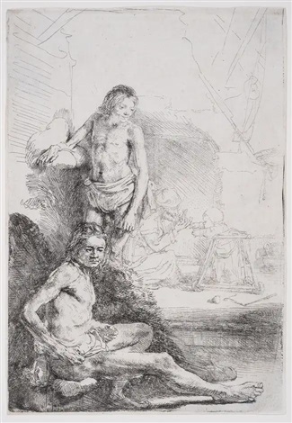 Nude man seated and another standing, with a woman and baby lightly