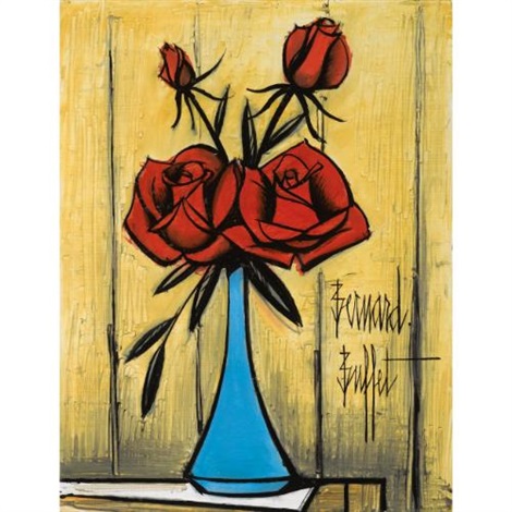 ベルナール・ビュッフェ、【Roses,vase bleu et blanc】 ベルナール・ビュッフェ、【Roses,vase bleu et blanc】 絵画
