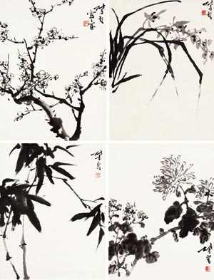 梅兰竹菊水墨册页（四幅） 镜片水墨纸本by Zhang Zhaoming on artnet