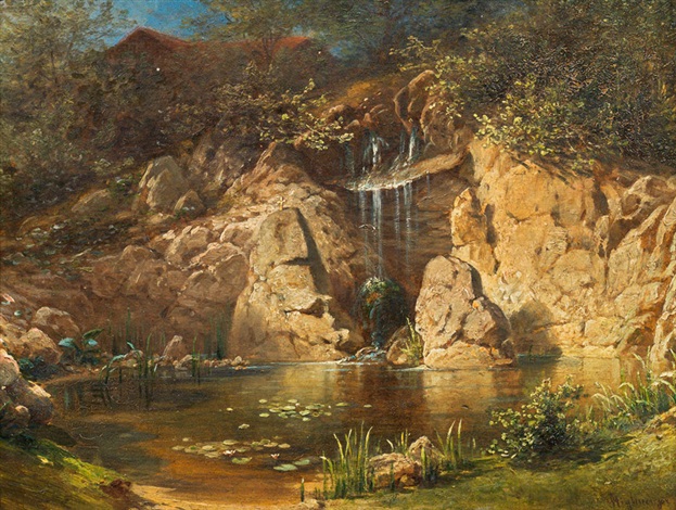 Idyllic landscape with waterfall by Johann Baptist Stiglmaier on