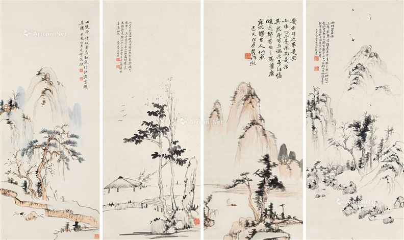 山水四屏立轴设色纸本by Zeng Xi on artnet