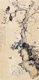 中国古美術・純手描き花鳥掛軸・水彩画・蒋延錫印款・書道品・絹本・肉筆・一物一图 中国古美術・純手描き花鳥掛軸・水彩画・蒋延錫印款・書道品