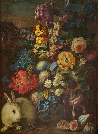 Still life with a large bouquet of flowers, a white rabbit and