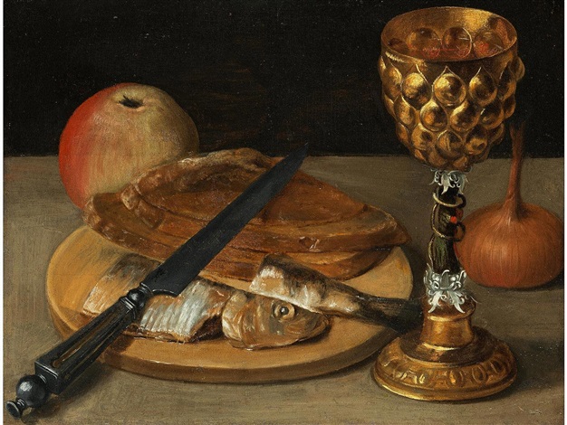 STILLLEBEN MIT TRAUBENPOKAL, ZWIEBEL, BROT, HERING, MESSER UND APFEL by ...