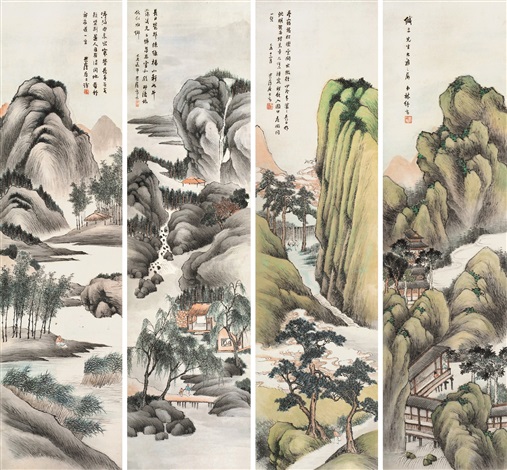 山水四屏立轴设色纸本by Lin Shu on artnet
