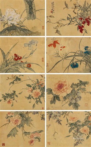 花鸟册册页（八开） 设色绢本Flowers and birds by Xie Jie on artnet