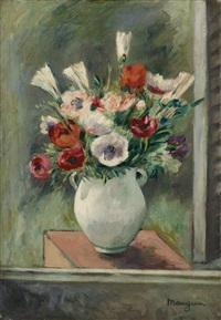 Henri Manguin、【Fleurs dans un Vase】 Vase of Flowers on Terrace in Front of the Sea