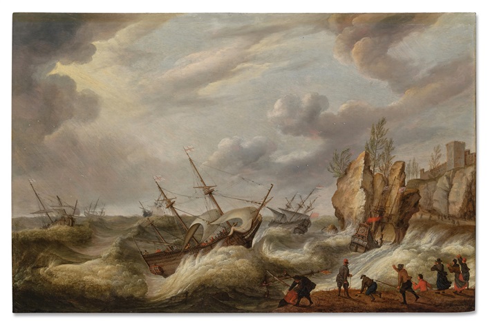 British and Dutch merchant ships foundering off a rocky shore by Isaac