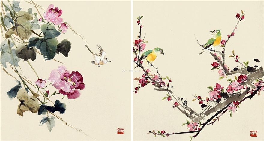 花鸟（二帧） 册页片（二开） 设色纸本by Wang Xuetao on artnet