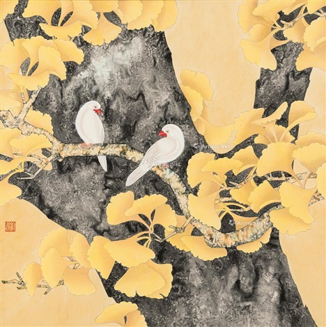 银杏双鸟镜框设色纸本by Jin Hongjun On Artnet