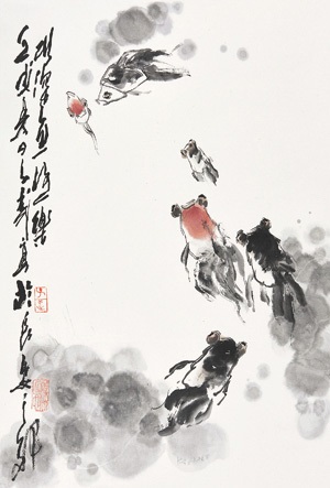金魚の図 春暲銘 掛け軸 箱無し 書画、美術品 絵画