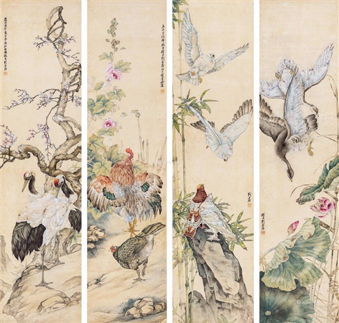 花鸟四条屏立轴设色纸本by Liu Kuiling on artnet
