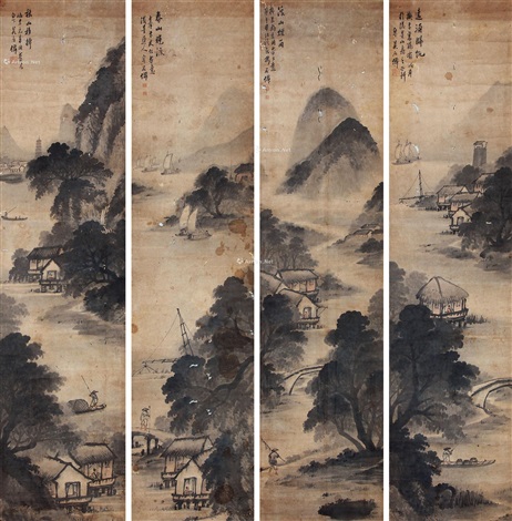 水墨画　掛軸4 山水四屏挂轴水墨纸本by Wu Shixian on artnet
