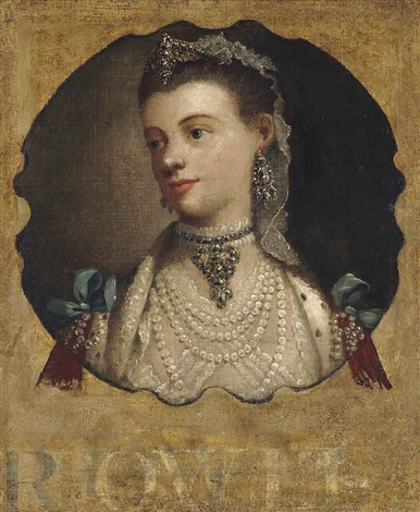 Portrait of Queen Charlotte 1744-1818, bust-length, in a lace and  fur-trimmed white dress, with a pearl necklace, earrings and head-dress...  by Thomas Frye on artnet