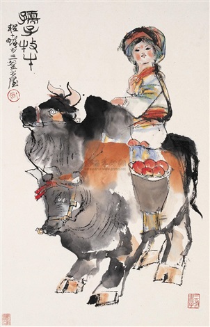 孺子牧牛立轴设色纸本by Cheng Shifa on artnet