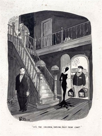 Addams Family cartoon Its the children, darling, back from camp. Lurch, Morticia and Gomez, receive Wednesday and Pugsley from a nervous delivery driver whilst Thing watches through the bannister. by Charles Addams Addams Family cartoon Its the children, darling, back from camp. Lurch, Morticia and Gomez, receive Wednesday and Pugsley from a nervous delivery driver whilst Thing watches through the bannister. by Charles Addams