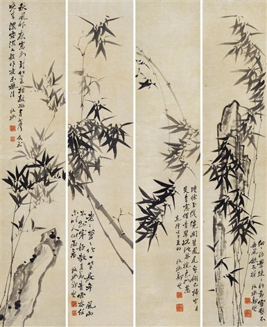 墨竹四屏立轴水墨纸本by Zheng Xie on artnet