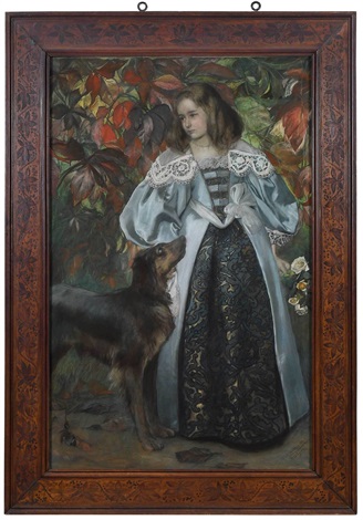 Pre-Raphaelite Portrait of a Girl in Garden with a Dog by Christian ...