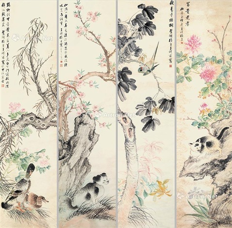 花鸟、动物立轴4屏（4屏） 设色纸本by Zhang Xiong on artnet