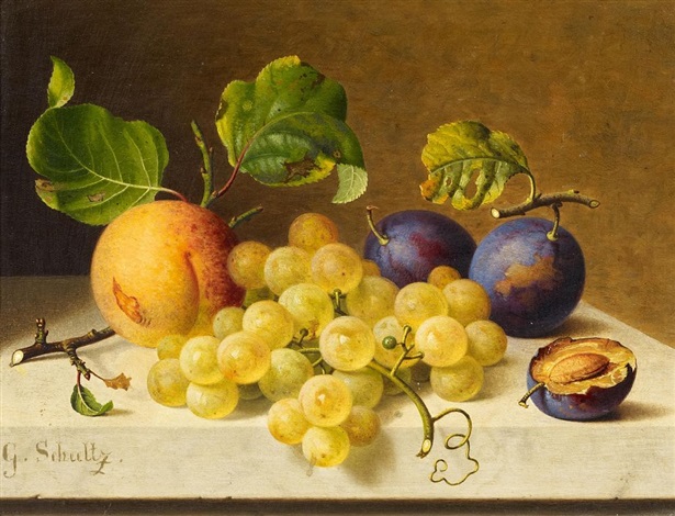 Stillleben mit Weintrauben, Pflaumen und einem Pfirsich by Gottfried ...