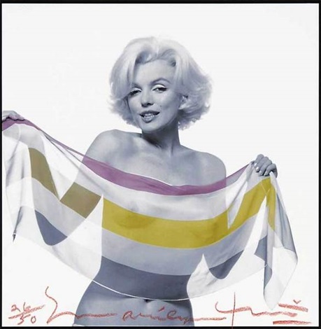 Marilyn Monroe in striped scarf last sitting by Bert Stern