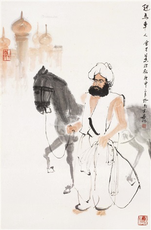 複製/作者不詳/人物馬画賛/馬/人物/中国画/大幅/布袋屋掛軸HK-82 複製】//作者不詳/人物馬画賛/馬/人物/中国画/大幅/布袋屋掛軸HK