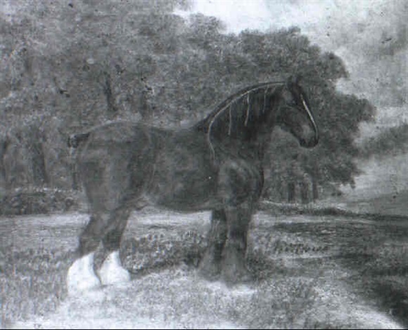 BEARWARDCOTE BLAZE, TWO YEARS OLD, 1850, A PRIZE SHIRE IN A LANDSCAPE