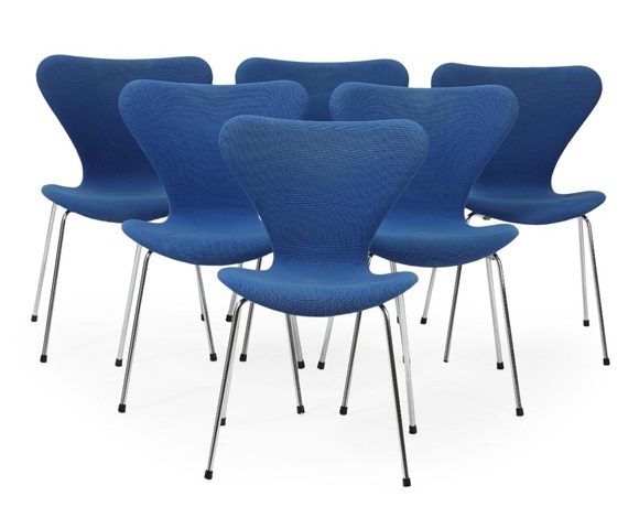 Syveren, Six chromed steel chairs, seat and back upholstered with blue ...