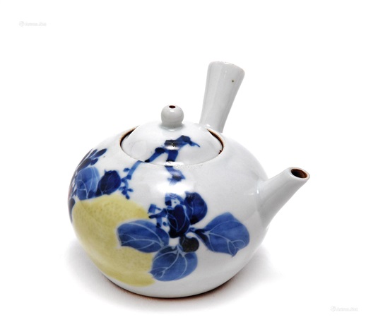 初代三浦竹泉作 青華着色松画 急須 イニカレ 共箱
